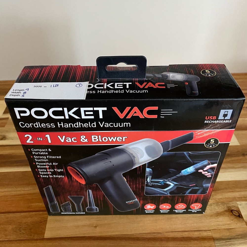 Pocket Vac Cordless 2-in-1 Handheld Vacuum & Blower USB Rechargeable Bagless
